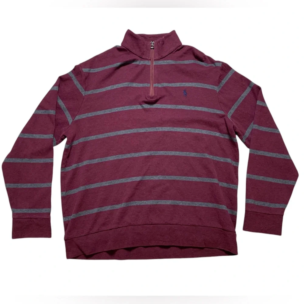 Polo Ralph Lauren Mens Quarter Zip Striped Pullover Burgundy Grey XL